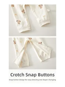 Close-up of the snap-button crotch design on a soft cotton baby romper with cute bears