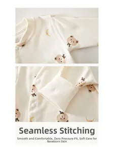 Detail of newborn cotton set showing smooth bone-free stitching and cute bear patterns