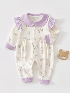 Pagliaccetto Neonato in Cotone a Maniche Lunghe con Stampa Floreale Coniglio Volant Colletto Peter Pan Abbigliamento Bimba