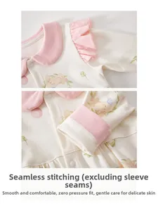 Detail of boneless stitching and ruffled neckline on rabbit pattern baby romper
