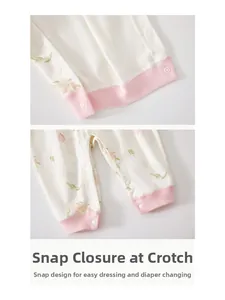 Detail of snap button closures on baby floral romper for easy diaper changing