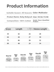 Detailed size guide and cotton material chart for infant long-sleeve bodysuit