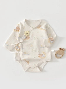 100% Cotton Newborn Baby Bodysuit Long Sleeve Kimono Side Tie Romper Cartoon Bear Print Soft Breathable Infant Pajamas