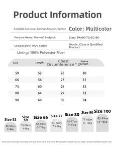 Size chart for cotton baby thermal romper with detailed height and weight measurements