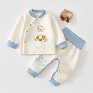 Détails de l'ensemble thermique matelassé pour bébé avec poignets bleus et motif chien