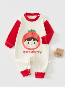 Barboteuse en Coton à Manches Longues pour Nouveau-Né Sans Couture Imprimé Dessin Animé Fraise Pastèque Ours Jumpsuit Bébé