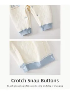 Detail view of cotton padded baby romper with crotch snaps for easy diaper changes