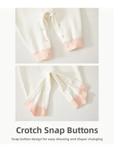 Close-up of pink snap buttons on the crotch of a baby romper for easy diaper changes