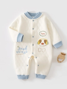 Baby Quilted Cotton Romper Thickened Warm Newborn Onesie Long Sleeve Cartoon Dog Print Jumpsuit For Autumn Winter Wear