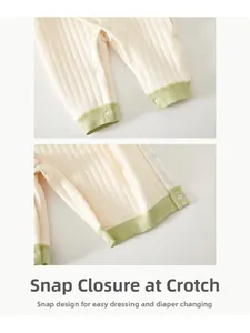 Detail view of the snap button crotch closure on a warm knitted baby romper for easy changes
