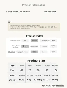 Size chart for 100% cotton baby overall set showing age, height and weight guidelines