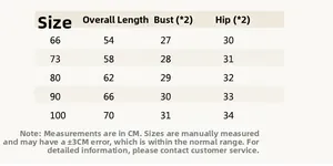 Detailed size chart for baby overalls including length, chest, and hip measurements in CM