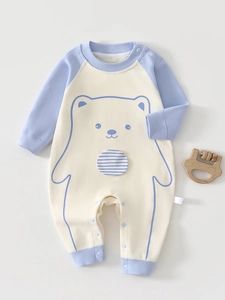Tutina per Neonato in Cotone a Manica Lunga Stampa Orso Cartone Animato Chiusura a Scatto Pigiama Morbido Abbigliamento Autunnale