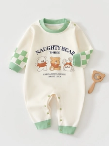 Barboteuse Bébé en Coton Manches Longues Imprimé Ours en Dessin Animé Combinaison pour Nouveau-nés Garçons Filles Pyjama Doux Respirant