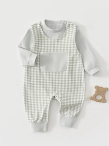 Grenouillère Bébé en Coton à Carreaux Salopette Ensemble Manches Longues Faux Deux Pièces Combinaison Printemps Automne