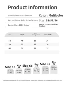 Detailed size chart for 100% cotton newborn baby rompers with height and weight guide