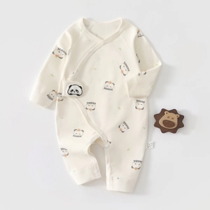 Close-up of cotton baby romper with cute panda patterns and convenient snap buttons