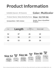 Size chart for Class A cotton newborn rompers with measurements and weight recommendations