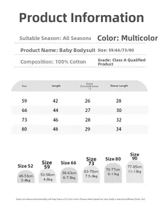 Detailed size chart for 100% cotton newborn bodysuits showing dimensions for all stages