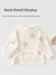 Detail of baby kimono top with panda print and functional open-back design for diapering