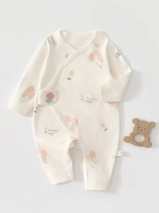 Newborn Baby Cotton Romper Long Sleeve Side Opening Kimono Style Infant Jumpsuit Cartoon Bear Cherry Printed Bodysuit