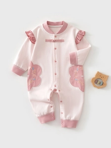 Infant Baby Girl Chinese Style 100% Cotton Long Sleeve Romper Frog Button Floral Embroidery Jumpsuit For Autumn Spring