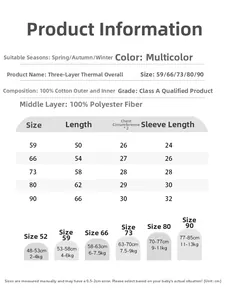 Size chart for cotton baby romper detailing length, chest, and height recommendations