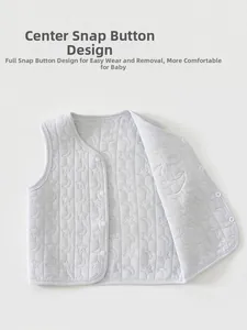 Quilted light gray baby vest featuring star and moon patterns with easy snap fasteners