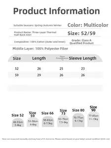 Detailed size chart for newborn warm cotton padded top with thermal measurements
