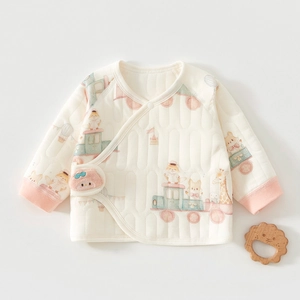 Detailed quilted baby wrap top with cartoon animal prints and pink ribbed cuffs