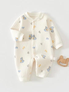 Newborn Baby Romper Cotton Padded Warm Jumpsuit Cartoon Printed Infant Long Sleeve Clothes Footless Sleepwear Pajamas