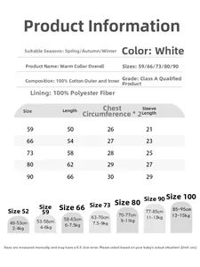 Size chart for cotton baby romper detailing lengths, chest width, and material composition