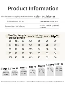 Detailed size chart for baby 100% cotton long sleeve top and overalls set for ages 0-3 years