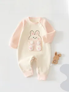 Detail view of baby warm fleece romper with cute rabbit embroidery and snap buttons