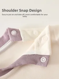 Detail of baby bodysuit shoulder with snap buttons for easy dressing in soft knit fabric