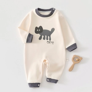 Detail showing baby cotton romper with cat print and ribbed cuffs in beige and grey