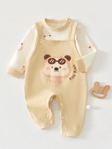 Infant Baby Cotton Cartoon Bear Printing Outfit Long Sleeve Top And Suspender Pants Newborn Soft Breathable Outing Clothes
