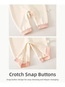 Detail of snap buttons on baby romper for easy diaper changes and soft knitted fabric