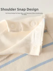Detail view of baby striped bodysuit featuring secure white resin shoulder snap buttons