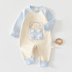 Detail view of baby warm romper with cartoon elephant print and soft waffle texture