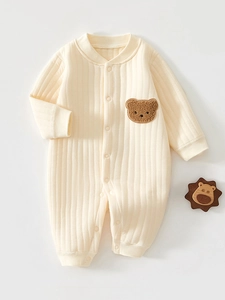 Barboteuse Matelassée pour Nouveau-né Combinaison en Coton à Manches Longues Chaude Body avec Broderie Ours en Peluche pour Vêtements d'Hiver