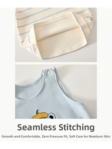 Detailed close-up of seamless stitching and shoulder snap buttons on striped baby cotton set