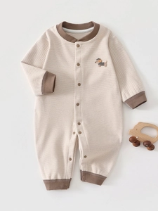 Newborn Striped Long Sleeve Romper For Baby Soft Silk Wool Blend Viscose Jumpsuit Puppy Embroidery Top And Bottom Clothing