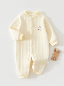 Newborn Baby Warm Cotton Romper Padded Quilted Long Sleeve Jumpsuit Infant Fall Winter Clothes Smiley Face Patch Pajamas