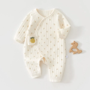 Detail von gestepptem Baby-Baumwoll-Strampler mit Fruchtdruck und Ananas-Stickerei