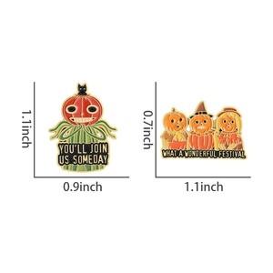 Macro detail of Halloween pumpkin scarecrow enamel pins with cat and wizard hat designs