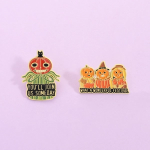 Cartoon Halloween pumpkin scarecrow and cat enamel pin badges set in zinc alloy