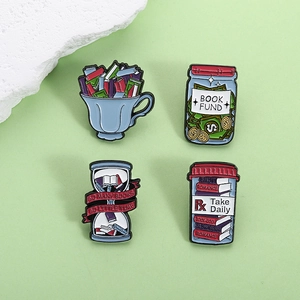 Creative enamel book brooches set including book fund jar and hourglass metal badges