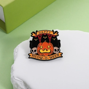 Halloween enamel pin with pumpkin and black cats featuring Happy Meow-o-ween text