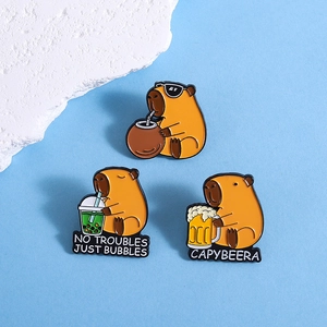 Cute Capybara enamel pins set featuring drinking coconut and beer, funny metal badges